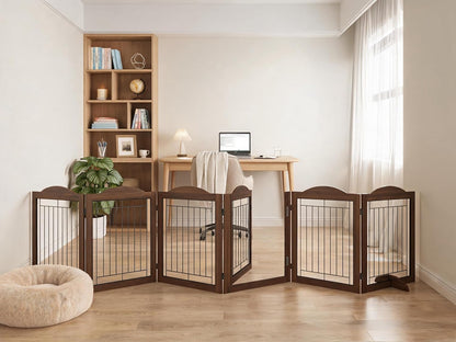 Vantas Espresso Wooden Folding Dog Gate 144" Wide x 30" Tall with Door, Freestanding Pet Gate, Pet Puppy Safety Fence