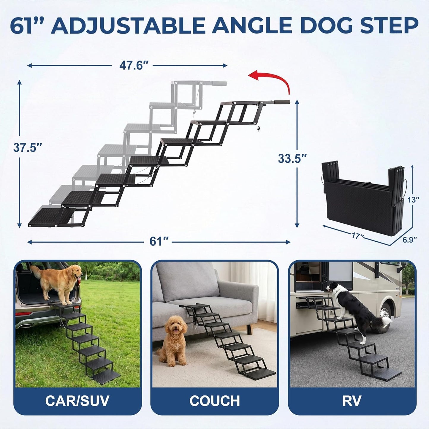 Dog Steps for Car, Truck, SUV, Dog Ramps for Cars with High Traction Surface, Portable Waterproof Dog Stairs for Large Dogs, Supports Up to 250 lbs, 7 Steps