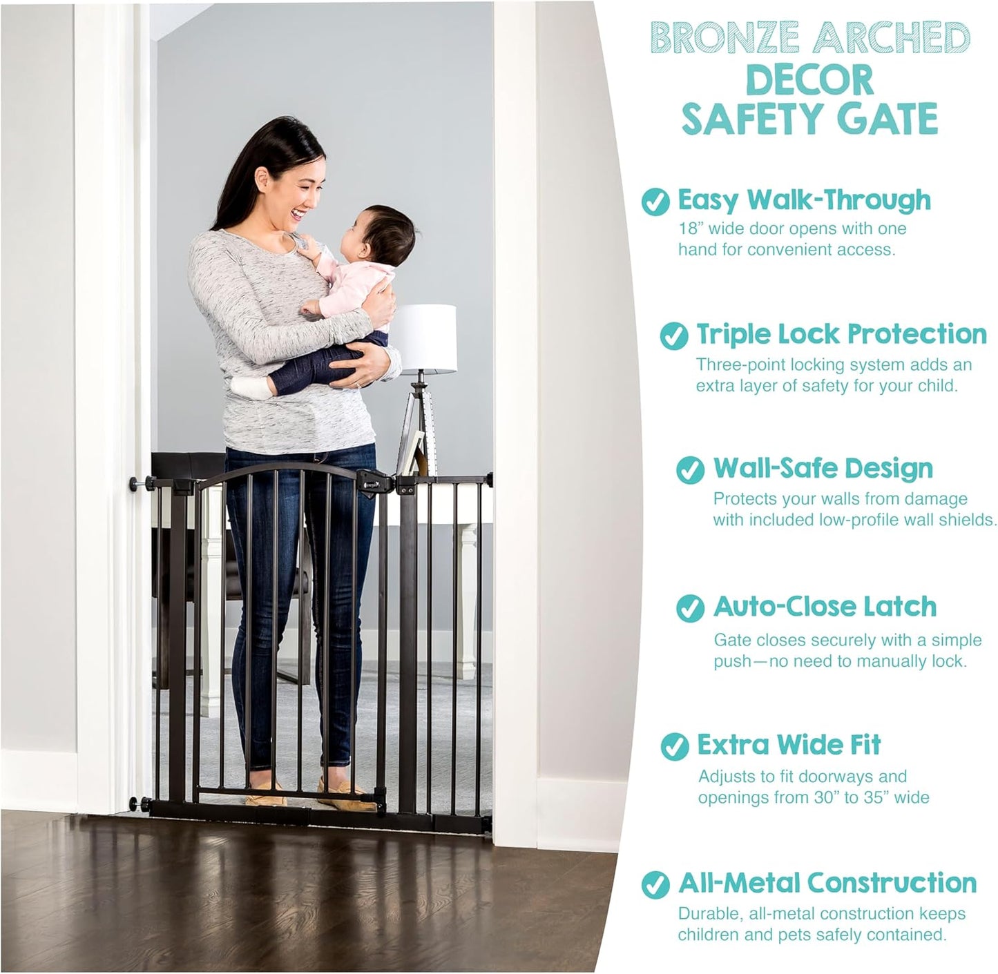 Regalo Safety 30.5-58" Extra Wide Arch Baby Gate with Door, Pressure Mount Walk Through Gate for Doorways & Bottom of Stairs, Babies, Toddlers & Pets, Tested & Safe, American Designed, American Owned