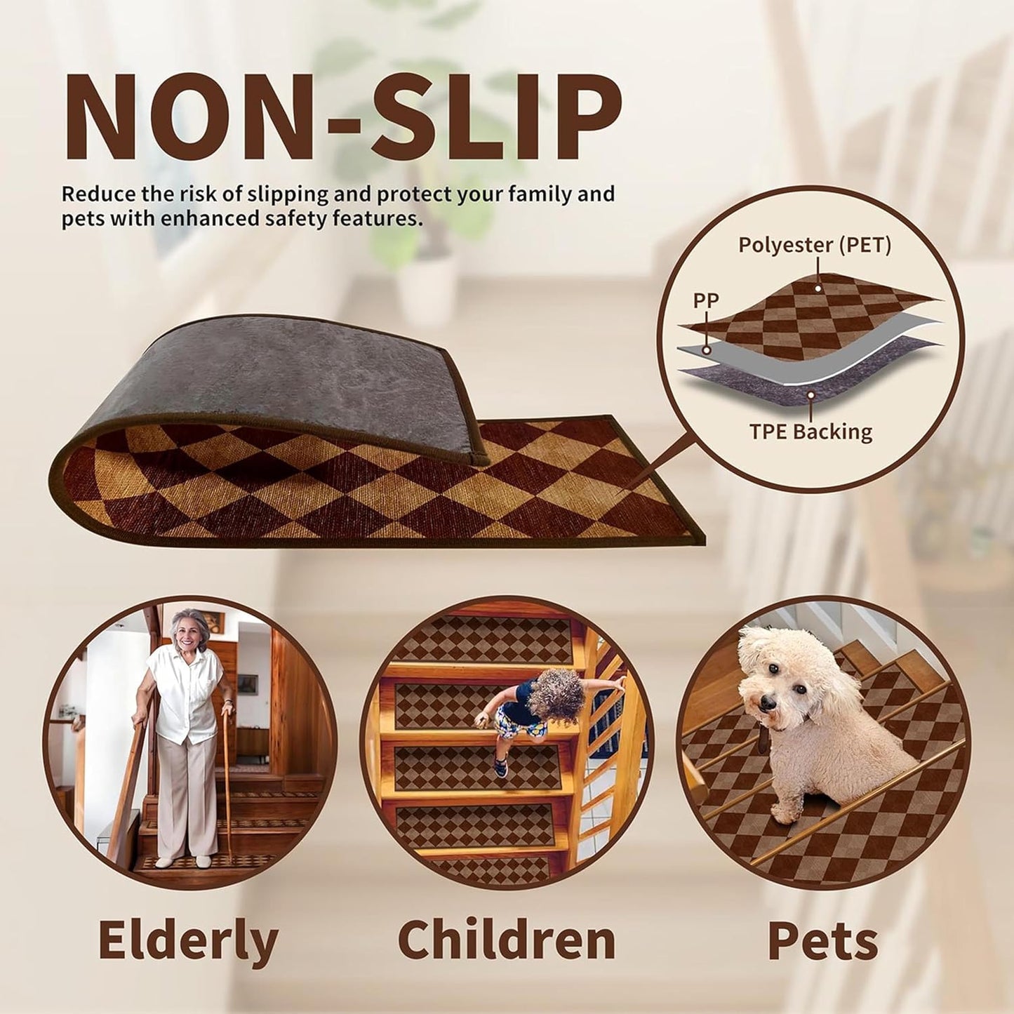 Non-Slip Stair Treads for Wooden Steps 15pcs,8"x30" Stair Carpet Treads for Indoor Use,Peel and Stick Stair Runners,Washable Reusable Adhesive Backing,Pet-Friendly Stair Capet for Kids,Elders,Dogs