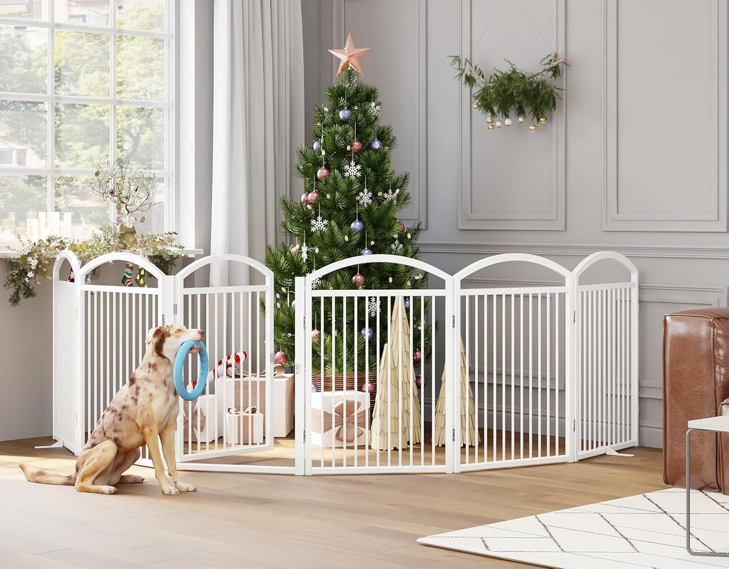 Folding No-Assembly Freestanding Dog Gate with Door,32" Heights Foldable Pet Fence,144" Extra Wide Accordion Puppy Folding Playpen for Doorways,House,Stairs (6 Panels,White)