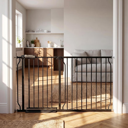 Extra Wide Baby Gate 85.8-90.5" Dog Gate Indoor Pressure Mounted No Drill Safety Gate for Large Entries, Kitchen,Stairs & Doorways, Black Metal Indoor Pet Gate for Kids & Dogs