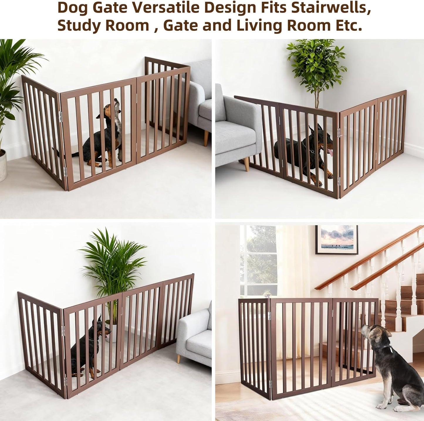 ZJSF Freestanding Indoor Dog Gate for House Foldable Wood Brown Puppy Gate for Doorways Pet Gate for Stairs Extra Wide Pet Fence 24" Height 2 Panels
