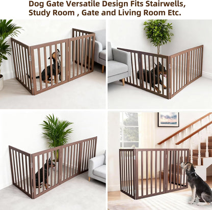 ZJSF Freestanding Indoor Dog Gate for House Foldable Wood Brown Puppy Gate for Doorways Pet Gate for Stairs Extra Wide Pet Fence 24" Height 2 Panels