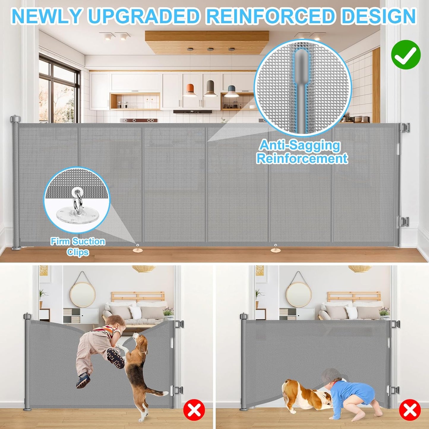 Upgrade 120 inch Retractable Baby Gates, EZIGO Extra Wide Baby Gate for Large Opening Extra Long Mesh Gate for Kids or Pet Dog Gate Child Safety Gate for Stairs Hallways Doorway Indoor Outdoor, Gray