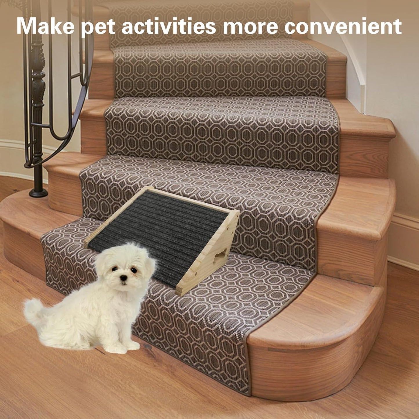 Dog Ramp for Stairs, Wooden Low-Angled Pet Ramps with Anti-Slip Carpet Surface, Step and Stair Assist for Small Dog & Cats, Injured & Aged Pets (1 Pack)