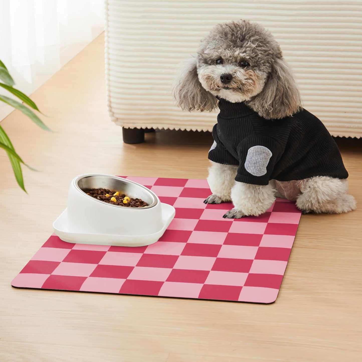 Checkered Dog Feeding Mat, Absorbent Mats for Dog Food and Water Bowl, Dispenser, Retro Aesthetic Khaki Beige Checkerboard Pet Placemat for Dogs, Cats, Puppy Accessories, 12" X 19”