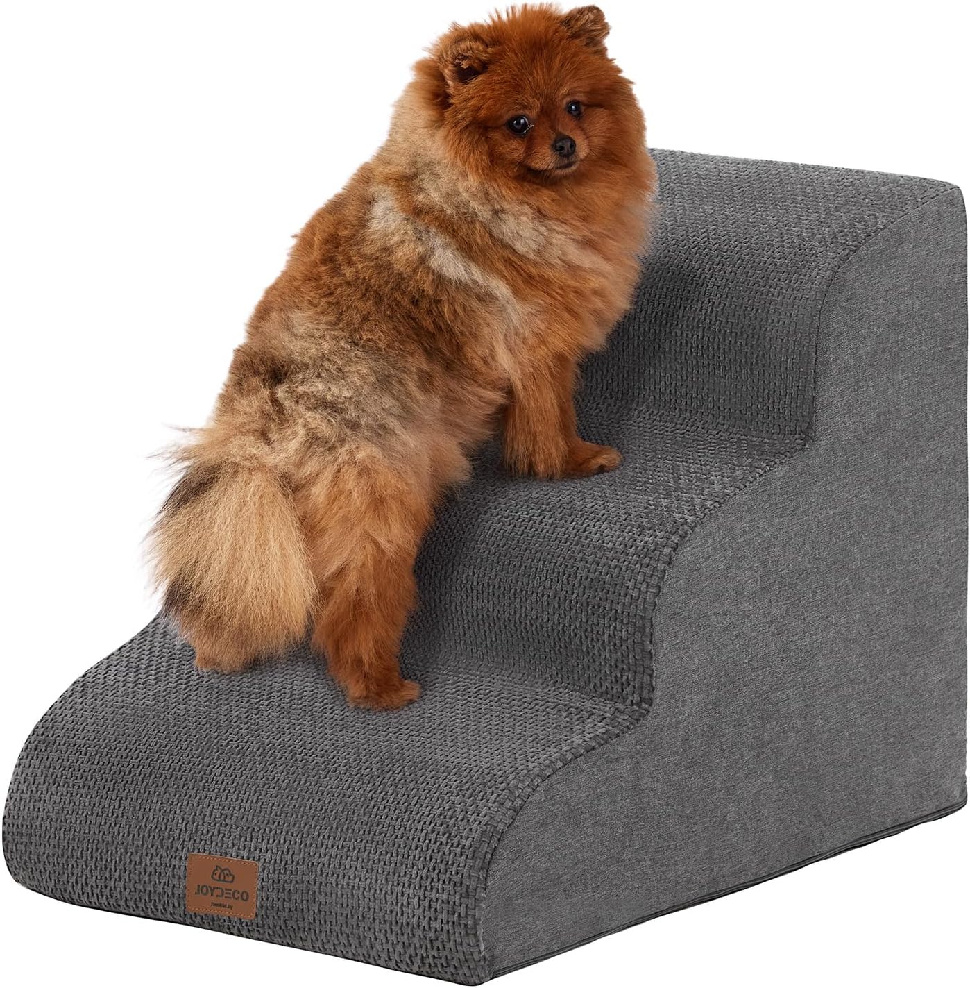 Joydeco Dog Stairs for Bed 17.1" H, 3-Step Pet Steps for Small Dogs and Cats, Dog Steps for High Bed, Non-Slip Balanced Ramp Indoor Pet Stairs, Beige