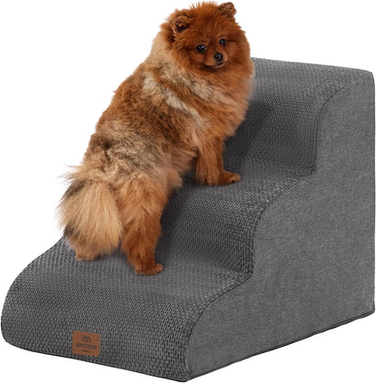 Joydeco Dog Stairs for Bed 17.1" H, 3-Step Pet Steps for Small Dogs and Cats, Dog Steps for High Bed, Non-Slip Balanced Ramp Indoor Pet Stairs, Beige
