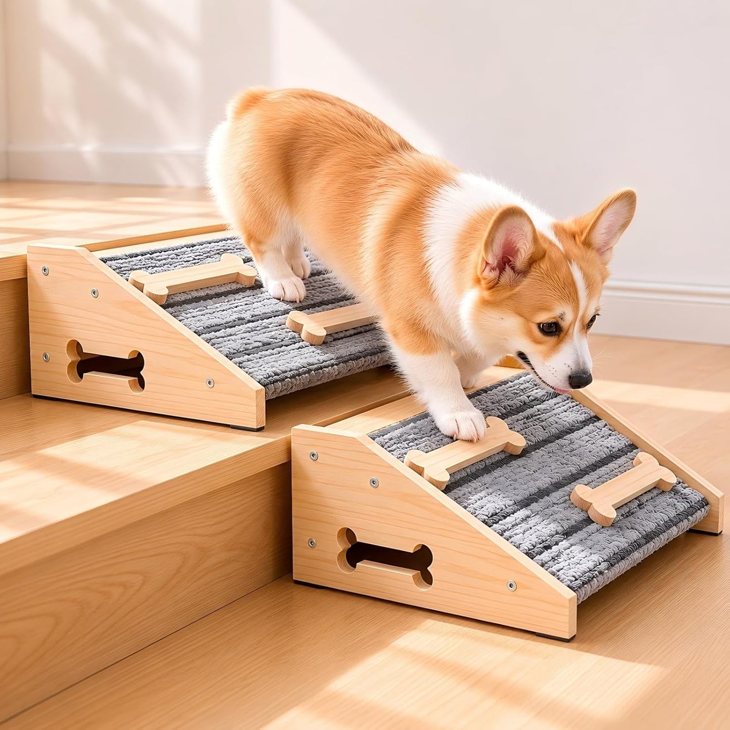 2-Pack Wooden Dog Ramp for Stairs - Natural Pine Wood Pet Step Ramp with Anti-Slip Bone Strips & Felt Padding, Stair Wedge for Small Medium Dogs, Indoor Home Safety Access for Injured Dogs