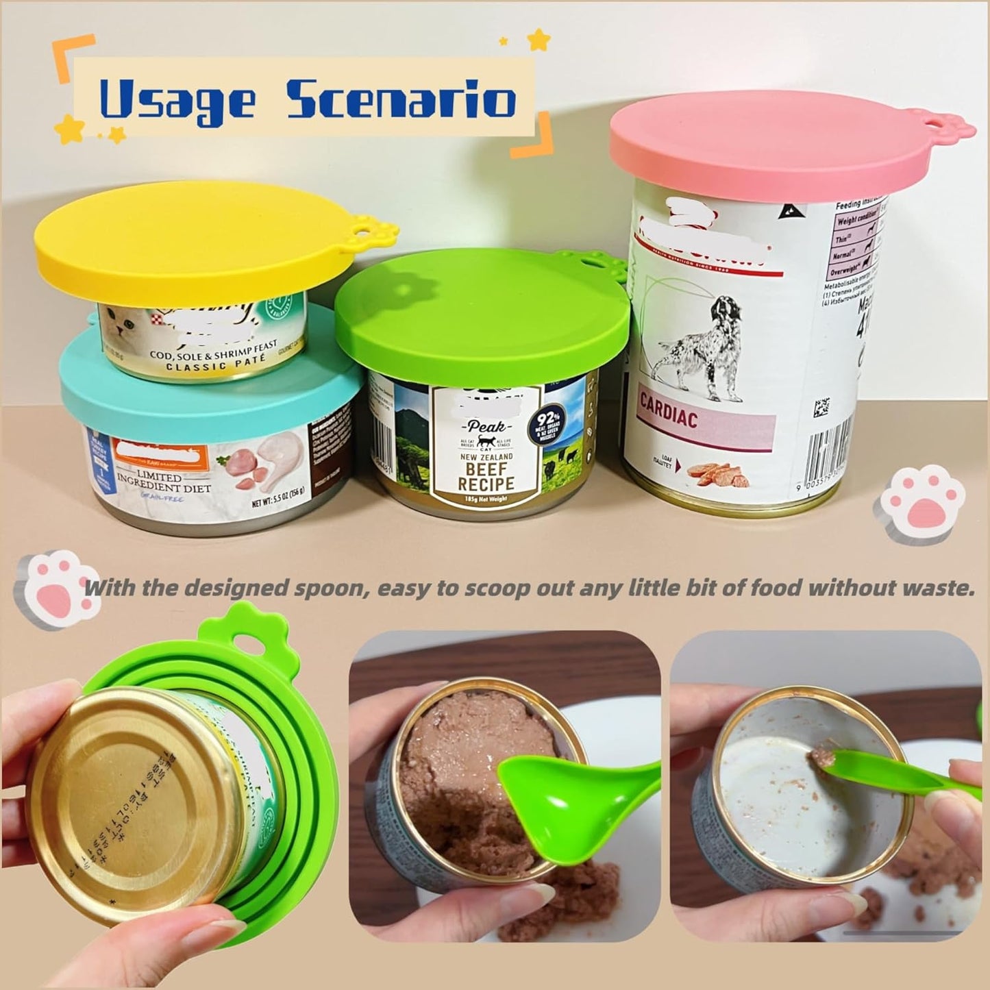 MoPawKT- Pet Food Can Covers, Silicone Can Lids for Cat/Dog Food, Universal 3 Sizes for Most of Standard Food Cans, BPA Free Reusable (2 lids+1 spoon)