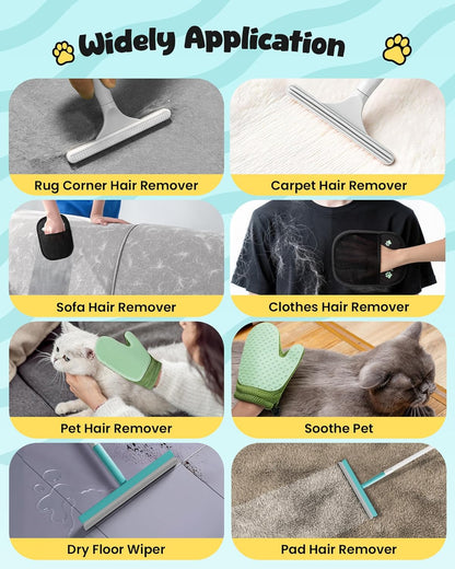 Carpet Rake for Pet Hair Removal Tool - 4 in 1 Pet Hair Remover Kit for Dog Cat Fur Remover, Contain 60" Adjustable Rubber Broom, Glove, Magic Brush and Scraper for Furniture,Short Pile Carpets, Mats