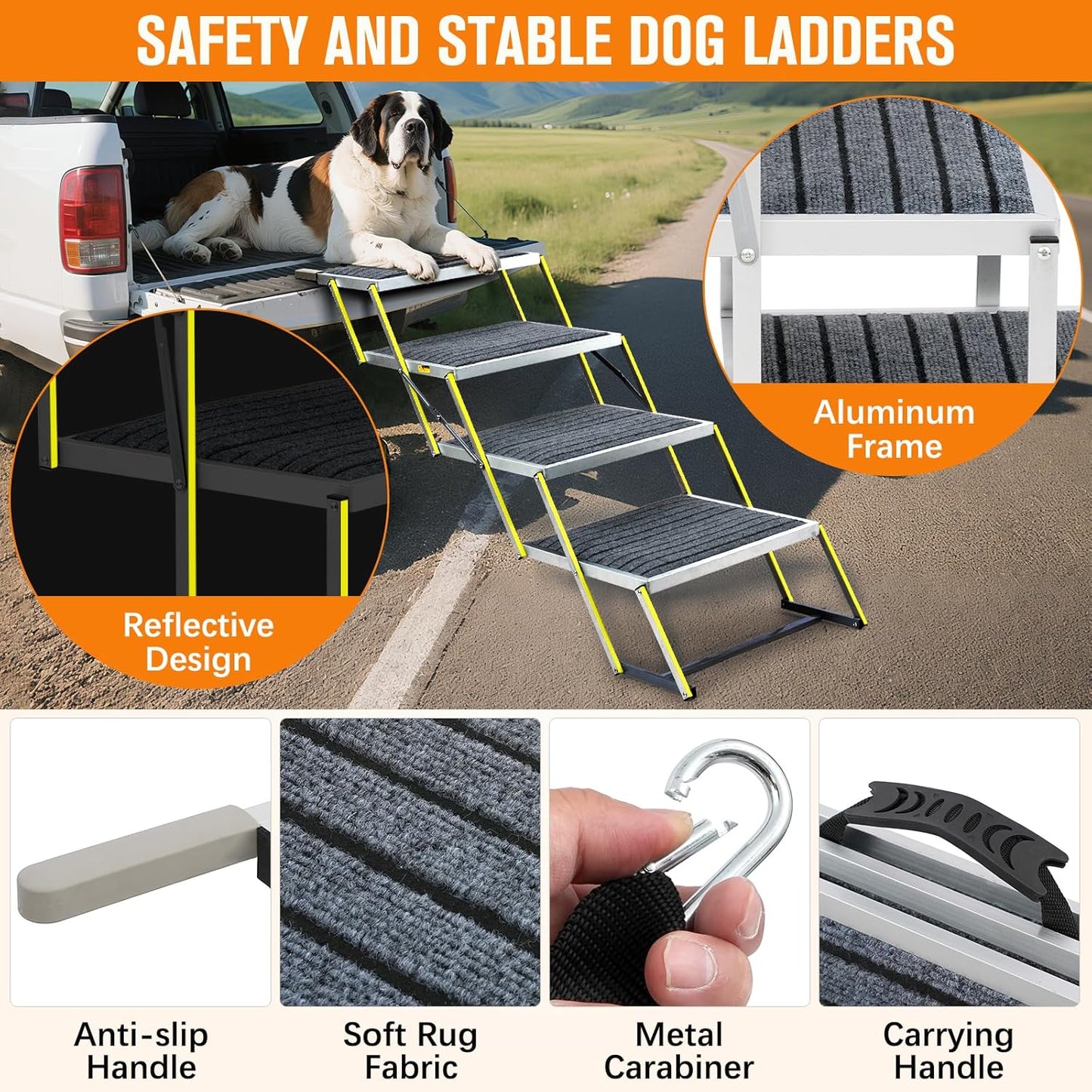 Dog Stairs for Large Dogs - 20" Extra Wide 4-Step Foldable Dog Ramp for Car/SUV/Truck & High Beds - Supports Large Dogs up to 200Lbs