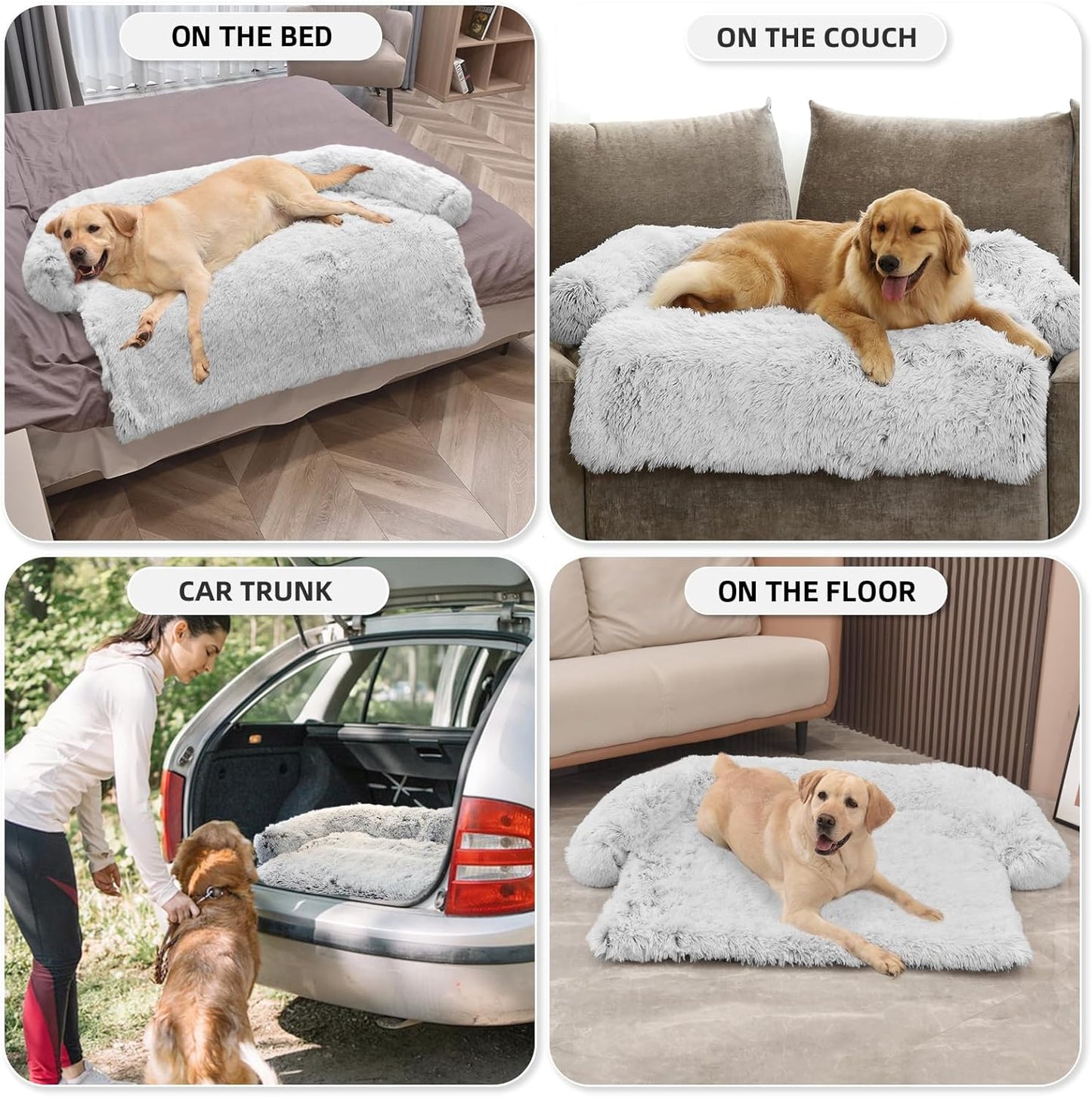 Calming Dog Bed Fluffy Plush Dog Mat for Furniture Protector with Removable Washable Cover for Large Medium Small Dogs and Cats (Large, Light Grey)