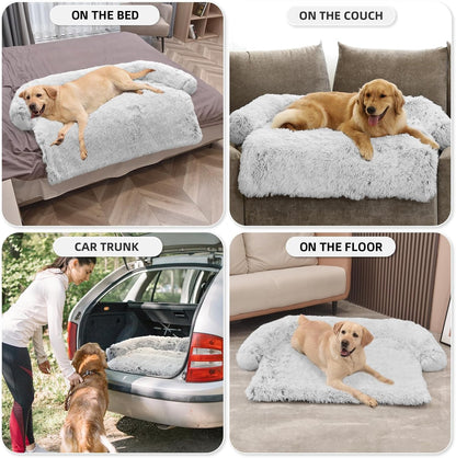 Calming Dog Bed Fluffy Plush Dog Mat for Furniture Protector with Removable Washable Cover for Large Medium Small Dogs and Cats (Large, Light Grey)