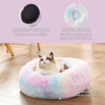 Bedsure Calming Dog Bed Medium Size Dog - Donut Washable Medium Pet Bed, 30 inches Anti-Slip Round Fluffy Plush Faux Fur Cat Bed, Fits up to 45 lbs Pets, Camel