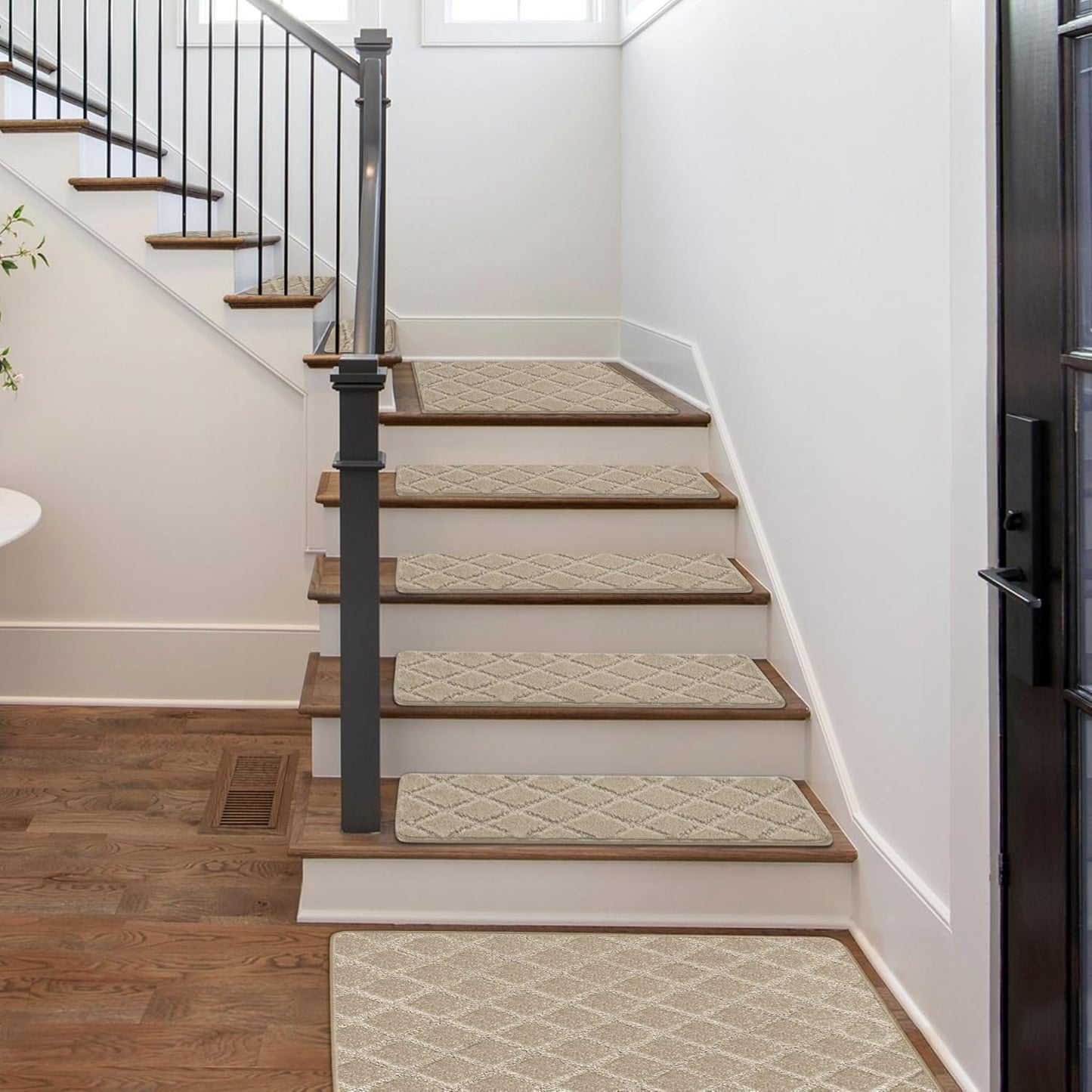 PURE ERA Bullnose Carpet Stair Treads Set Tape Free Non-Slip Indoor Stair Protectors Pet Friendly Rugs Covers Soft Skid Resistant Washable Reusable 9.5" x 30"(14 Pieces,Cream Gray)