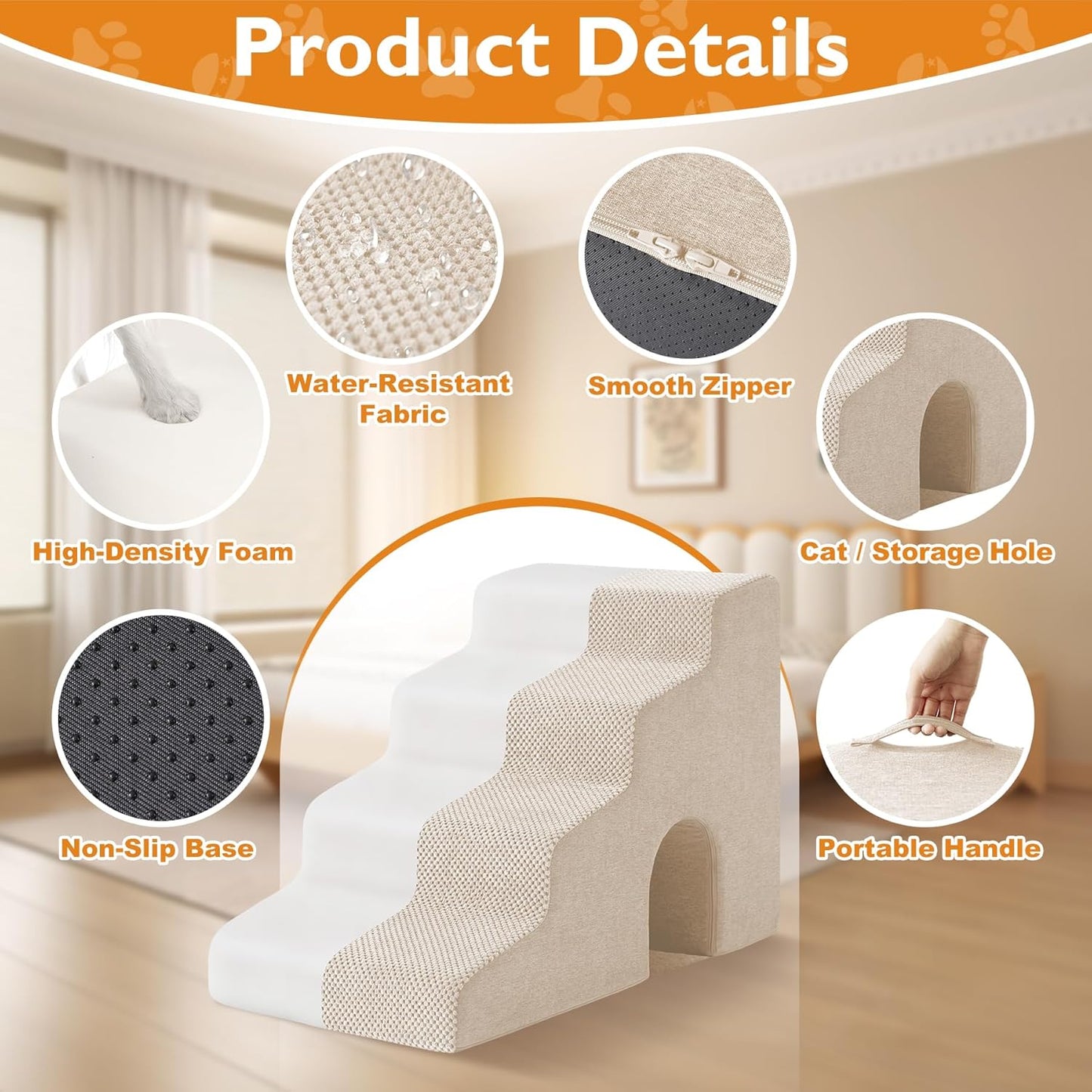 Dog Stairs for Bed 23’’ H, 5-Step Dog Steps for High Bed, Foldable Pet Stairs for Small Dogs and Cats to Get on Beds, Couch, Non-Slip Balanced Pet Steps and Ramp with Waterproof Cover, Grey