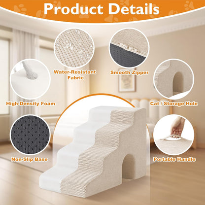 Dog Stairs for Bed 23’’ H, 5-Step Dog Steps for High Bed, Foldable Pet Stairs for Small Dogs and Cats to Get on Beds, Couch, Non-Slip Balanced Pet Steps and Ramp with Waterproof Cover, Grey