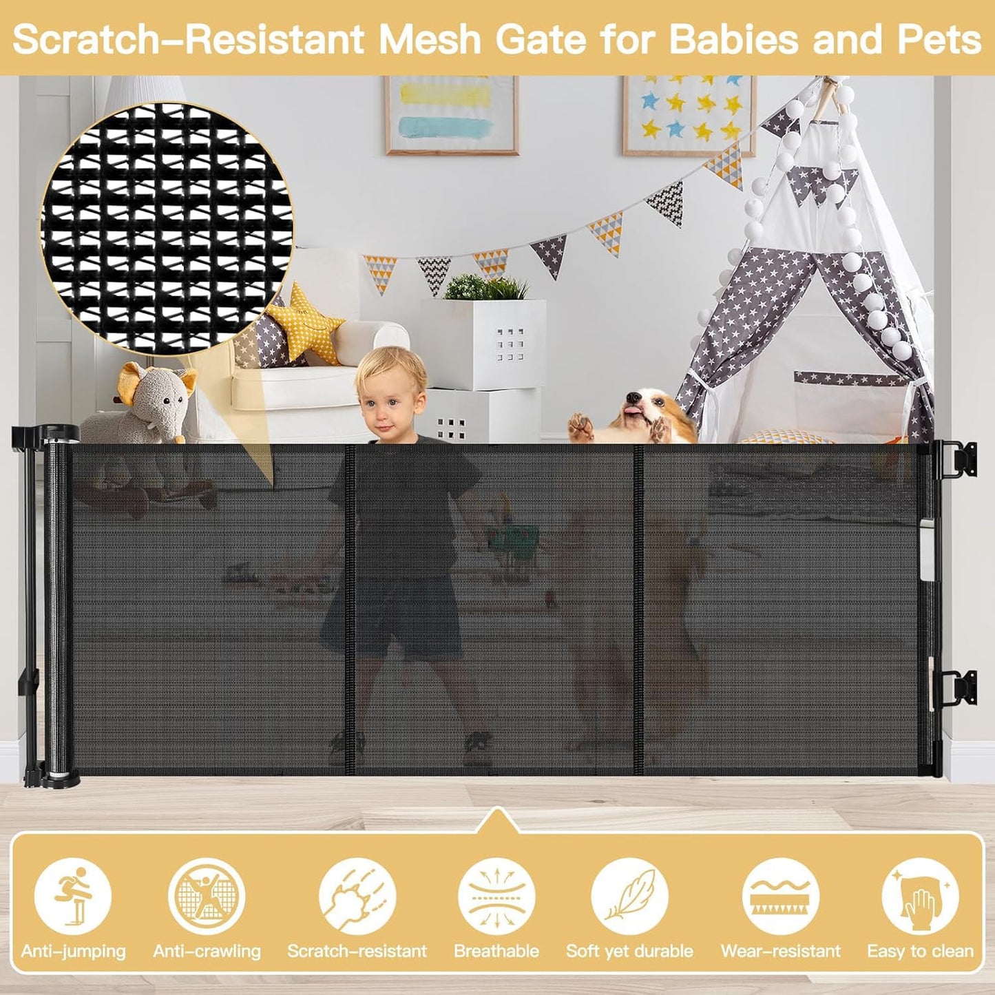 Reinforced 28 Inch Tall Retractable Baby Gates for Dogs, Easy Step Over Pet Gate with Support Rods, 55" Wide Retractable Dog Gate, Puppy Gates for The House Short Dog Gate for Stairs, Doorways, White