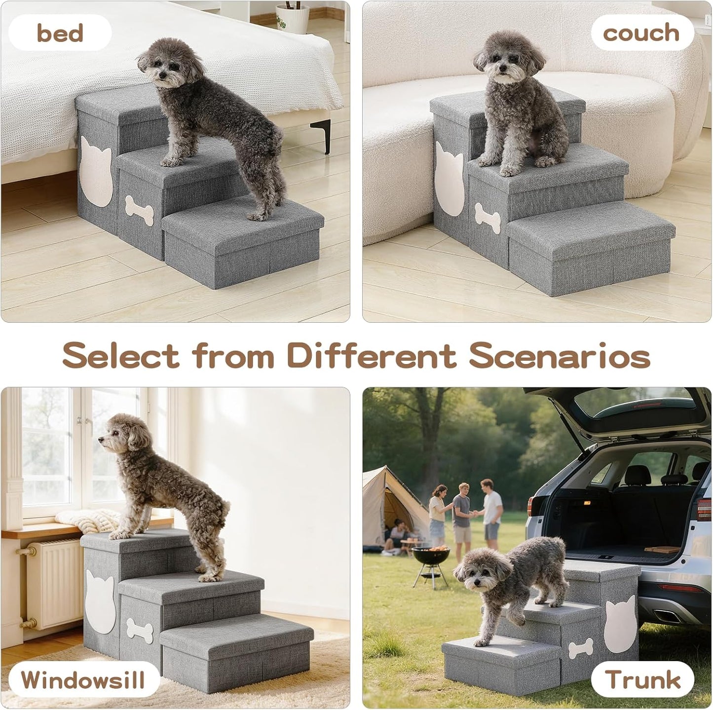 Wider Dog Steps for Bed 17" H, Foldable Dog Stairs with Storage, Non-Slip Pet Steps for Small Medium Large Dogs, Arthritis-Friendly Pet Stairs for Couch and Car Up to 200 lbs, Grey, 3 Steps