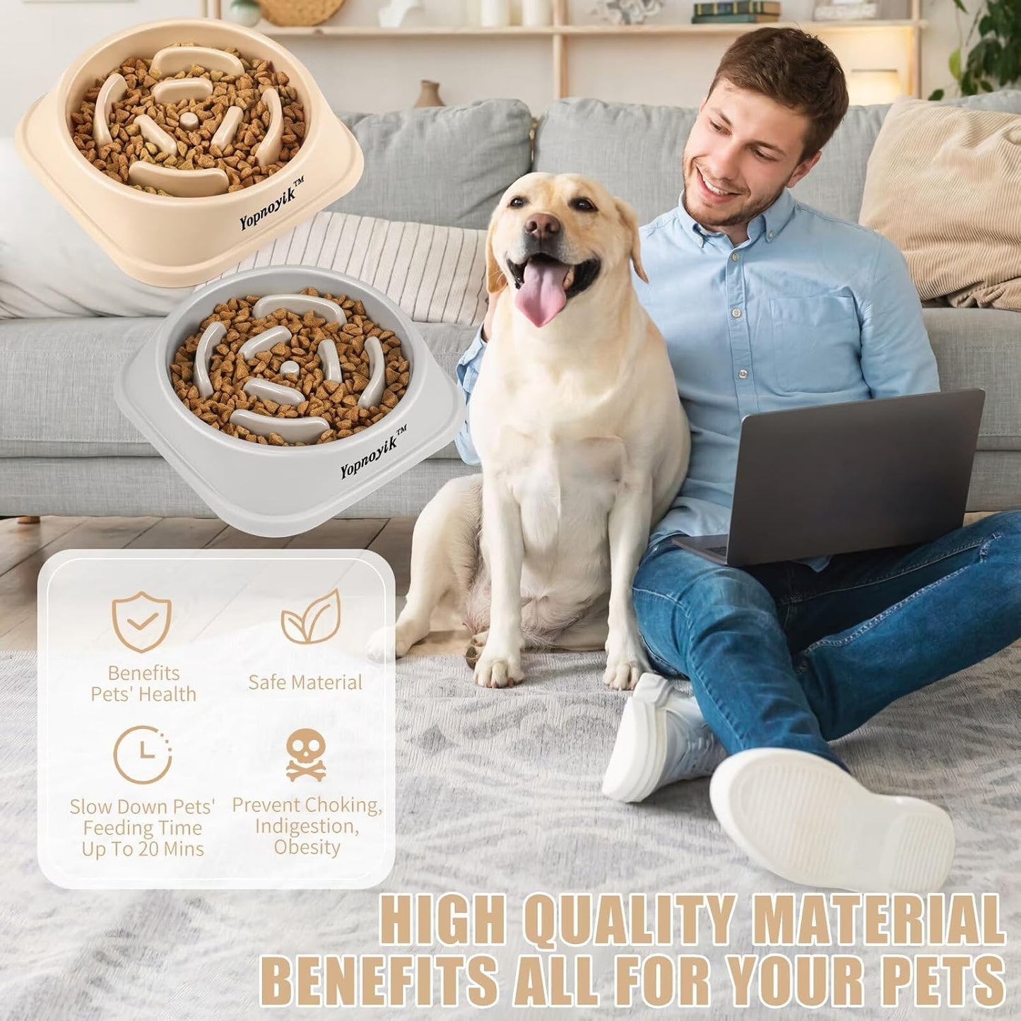 2 Pack Slow Feeder Dog Bowls for Healthy Eating, Non-Slip and Anti-Choking Design, Reduces Bloating & Overeating for Medium Dogs and Cats, Easy to Clean