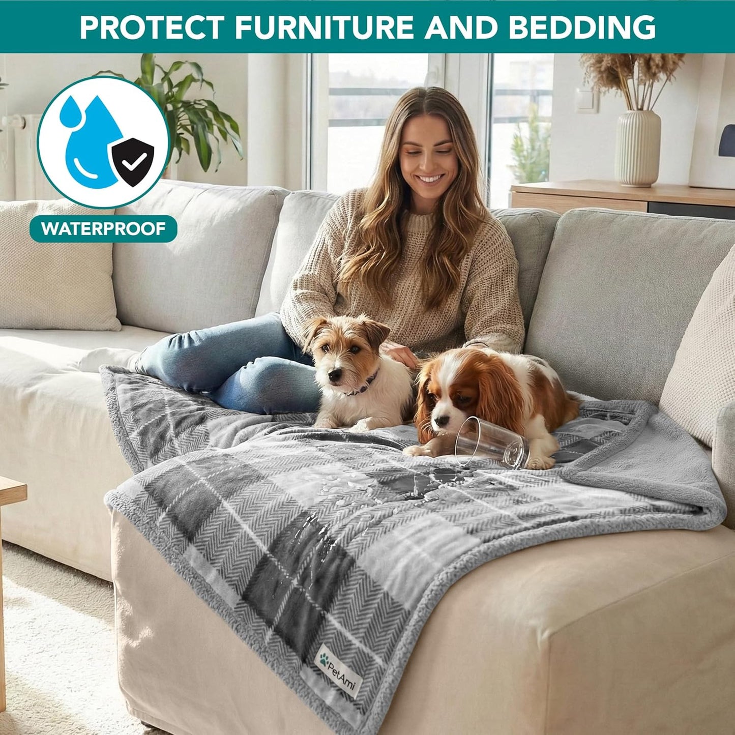 PetAmi Waterproof Dog Blanket for Couch, Large 60x40, Pee Proof Sherpa Fleece Reversible Pet Throw, Furniture Protector for Bed Sofa Kennel, Soft Washable Cover for Medium Dogs Cats, Grey Sherpa