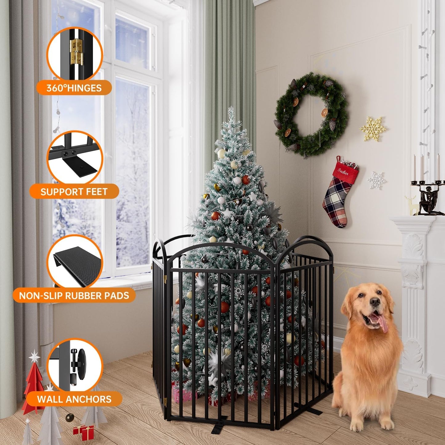 SNUOWU 4 Panels Full Matel Freestanding Dog Gates with Door, 96"Extra Wide 32"Tall Free Standing Dog Pet Gate for Indoor & Outdoor. Foldable Pet Fences for Doorways, House, Stairs, Porch, Deck, Yard