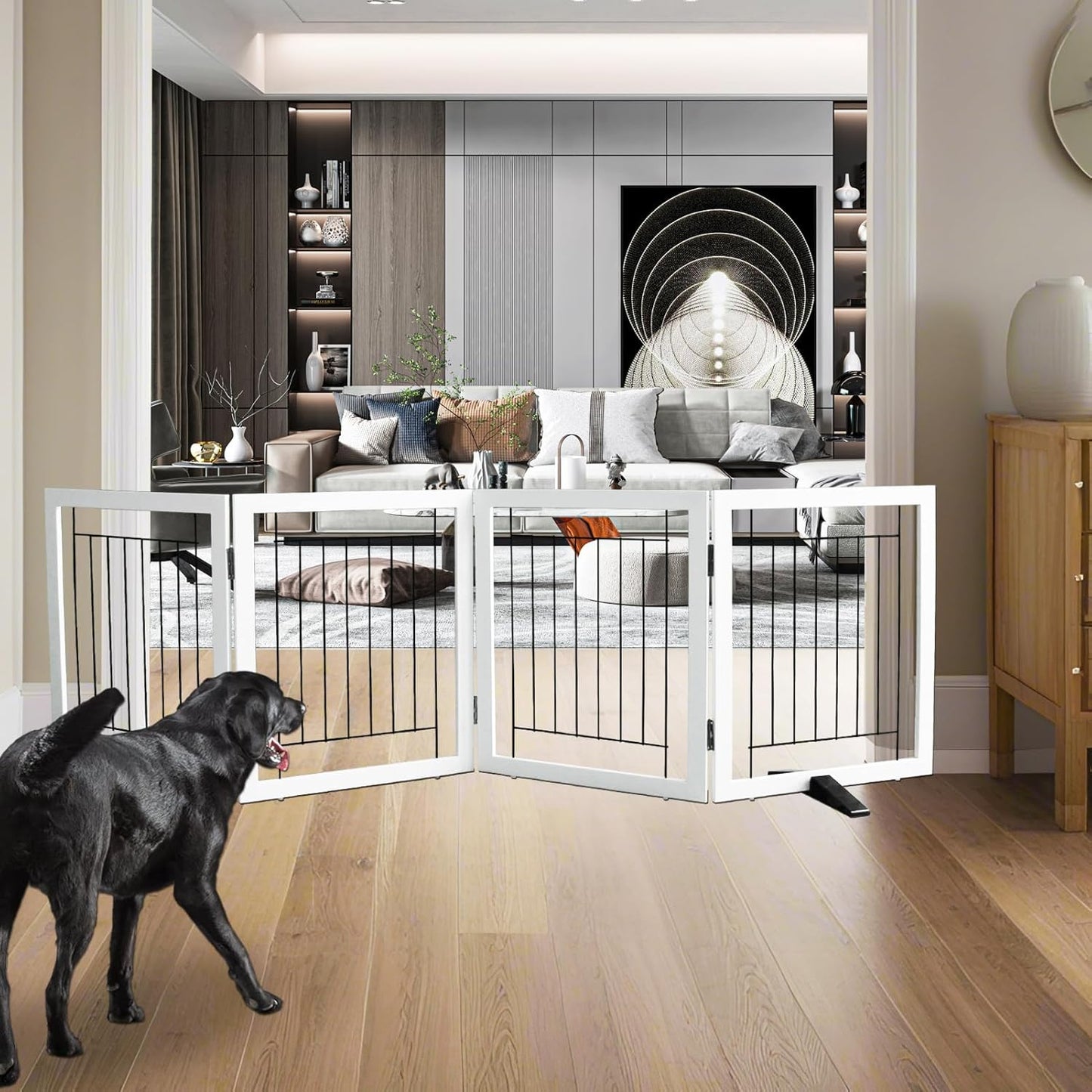 ZJSF Freestanding Dog Gate Indoor, Foldable Dog Fence for Doorways,Hallways or Stairs, Sturdy Wood Extra Wide Pet Gate with Support Feet,Black,24 "Height-3 Panels