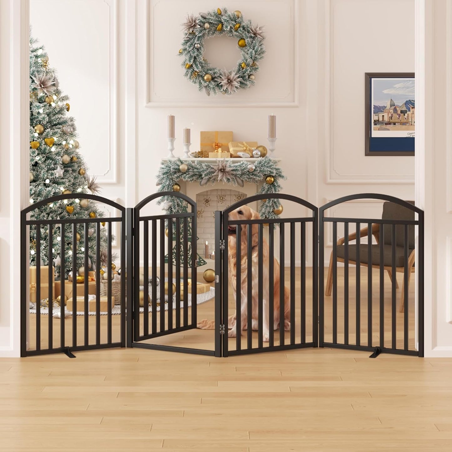 Folding No-Assembly Freestanding Dog Gate with Door,32" Heights Foldable Pet Fence,144" Extra Wide Accordion Puppy Folding Playpen for Doorways,House,Stairs (6 Panels,White)