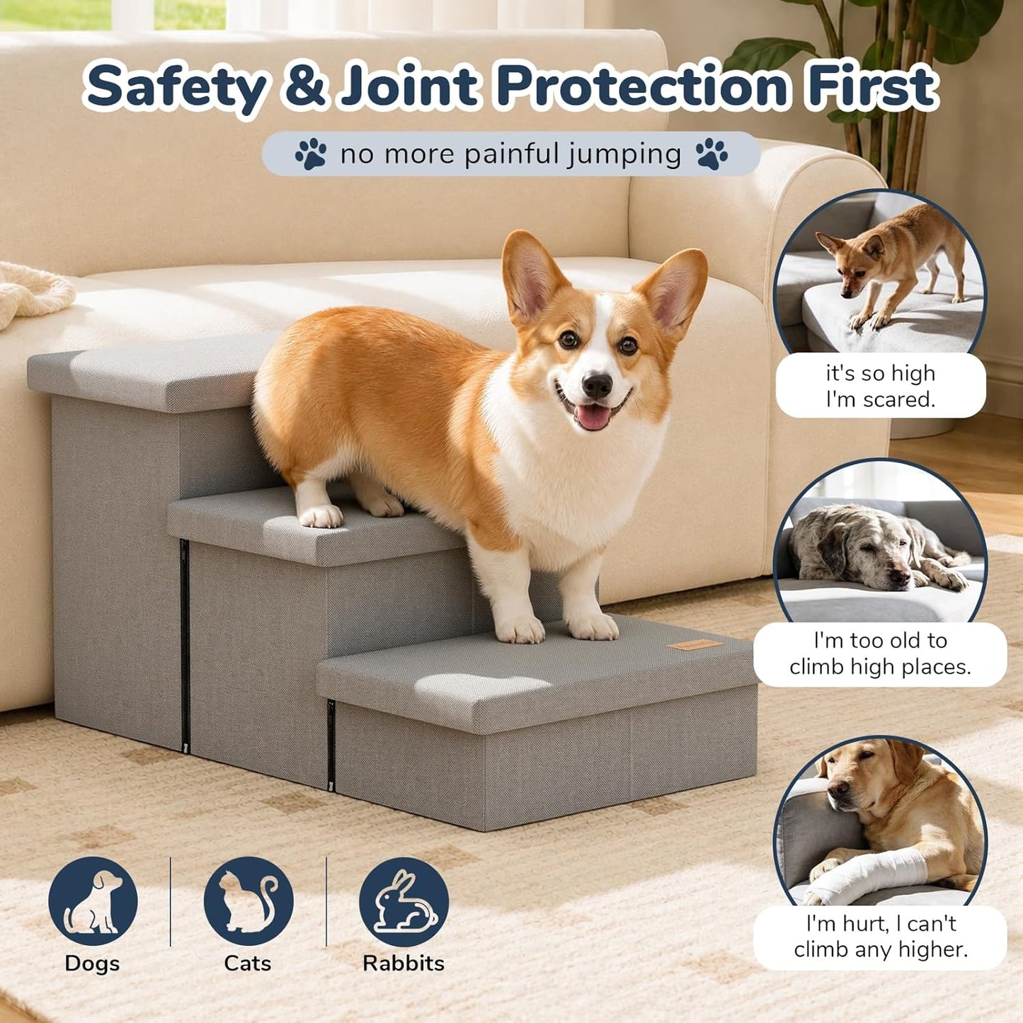 3-Step Wide Dog Stairs with Hidden Storage 18" H, Non-Slip Dog Steps for High Bed Couch Window Car, Jiont-Friendly Pet Stairs Ramp for Small/Medium/Large Old Dogs Cats Up to 200lbs, Grey