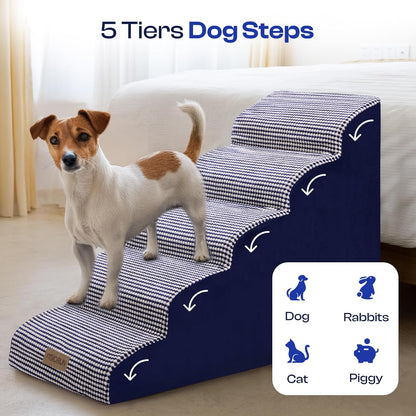 Dog Stairs for High Beds Up to 30", Extra-Tall 5-Step Dog Steps for Bed, 24.5" Tall Foam Pet Stairs for Small & Medium Dogs, Gentle Slope Cat Ramp for Bed with Washable Cover