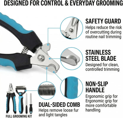 Kuzey Home Pet Nail Clipper & Deshedding Comb Set for Cats and Dogs, Safety Guard to Help Prevent Overcutting, Stainless Steel Blade, Non-Slip Handle, Includes Nail File