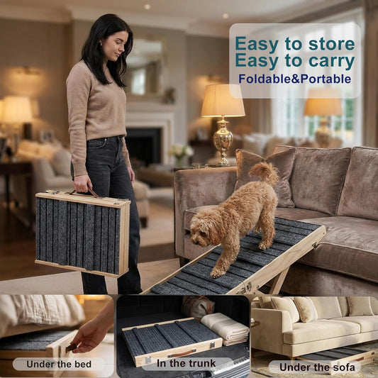 Dog Ramp for Sofa, Couch – Foldable Wooden Pet Ramp with 4 Adjustable Heights, Anti-Slip Surface & Safety Support for Small Dogs, Senior Pets with Joint Pain – Portable Pet Steps Stairs (S)
