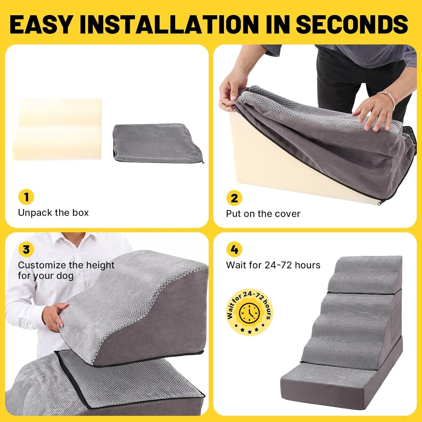 Large Dog Stairs – Extra Large Dog Steps for Bed, Couch & Car, 6-Step Pet Steps for Puppies & Senior Dogs, Pet Stairs with Washable Cover, Side Pockets, Non-Slip Bottom, 43.3" L x 19.7" W Grey
