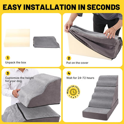 Large Dog Stairs – Extra Large Dog Steps for Bed, Couch & Car, 6-Step Pet Steps for Puppies & Senior Dogs, Pet Stairs with Washable Cover, Side Pockets, Non-Slip Bottom, 43.3" L x 19.7" W Grey