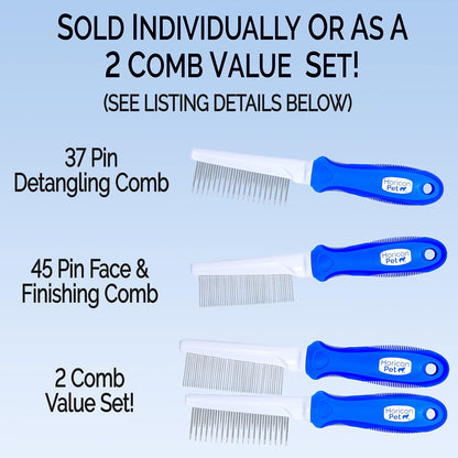 Detangling Dog Comb with Long & Short Stainless Steel Metal Teeth - Dogs, Cats & Small Animals for Removing Matted Fur, Knots & Tangles