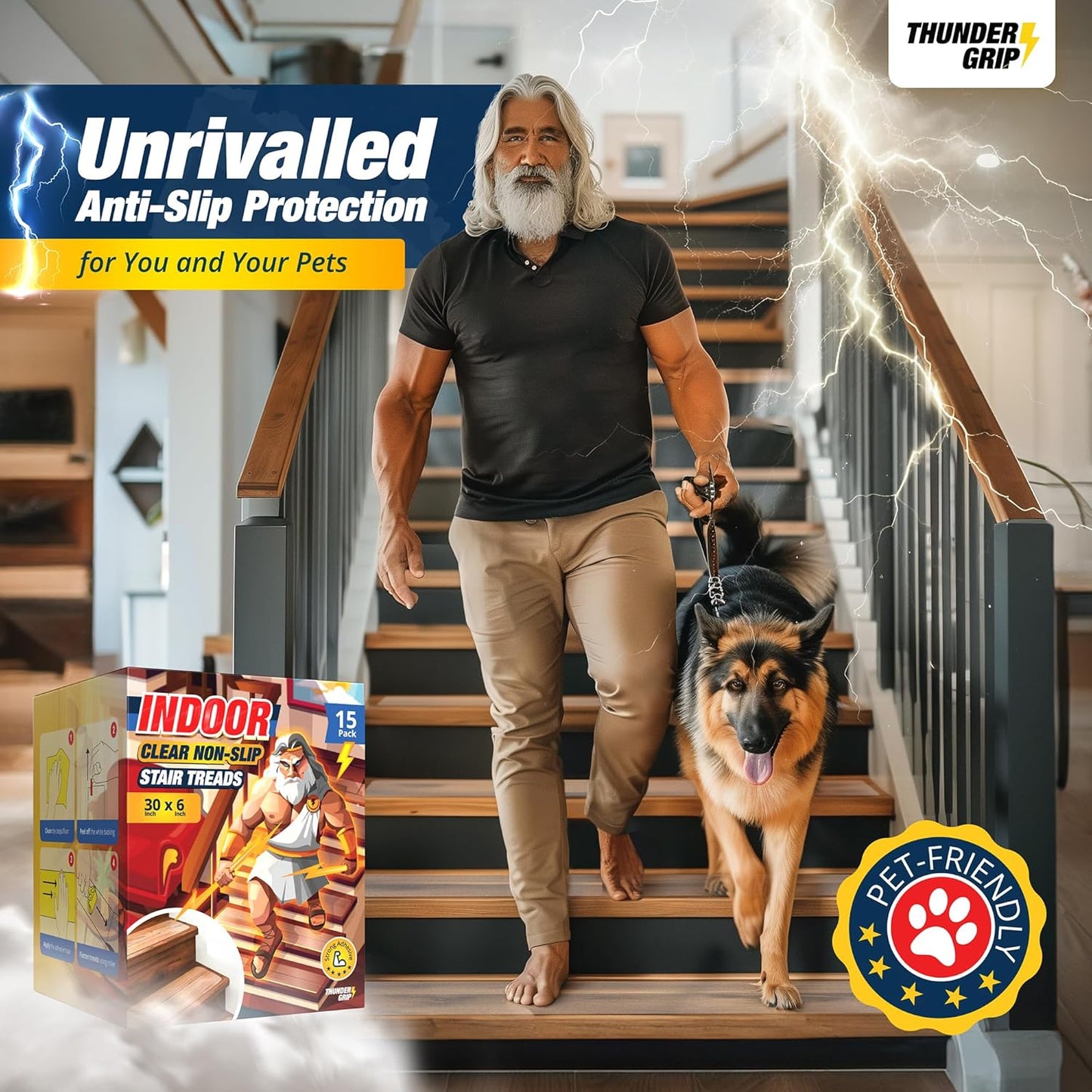 Clear Stair Treads Non-Slip 24"x4" - 18-Pack Indoor Stair Grips Non Slip for Wooden Steps - Anti Slip Adhesive Strips for Dogs & Elderly - Staircase Step Treads - Transparent Treads for Wood Stairs