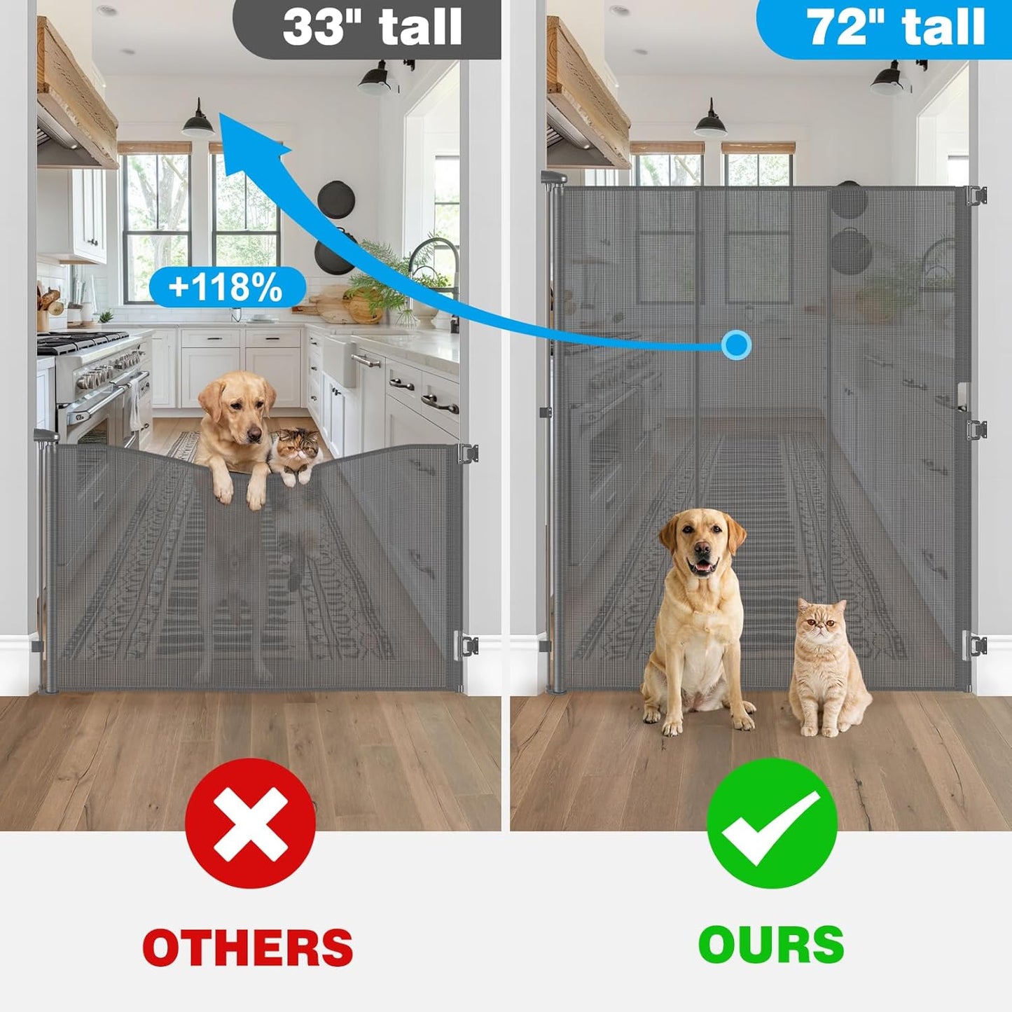 Reinforced 72" Extra Tall Pet Gate for Cat, Dog, Puppy & Baby, Jump-Resistant & Prevent Crawling Underneath Retractable Baby Gates, Fits 0-55" Width Safety Mesh Dog Gate, 6 Foot Extra Tall Cat Gate