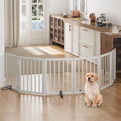 Freestanding Foldable Dog Gate - 4 Panel Room Divider with Metal Support Feet (Black)
