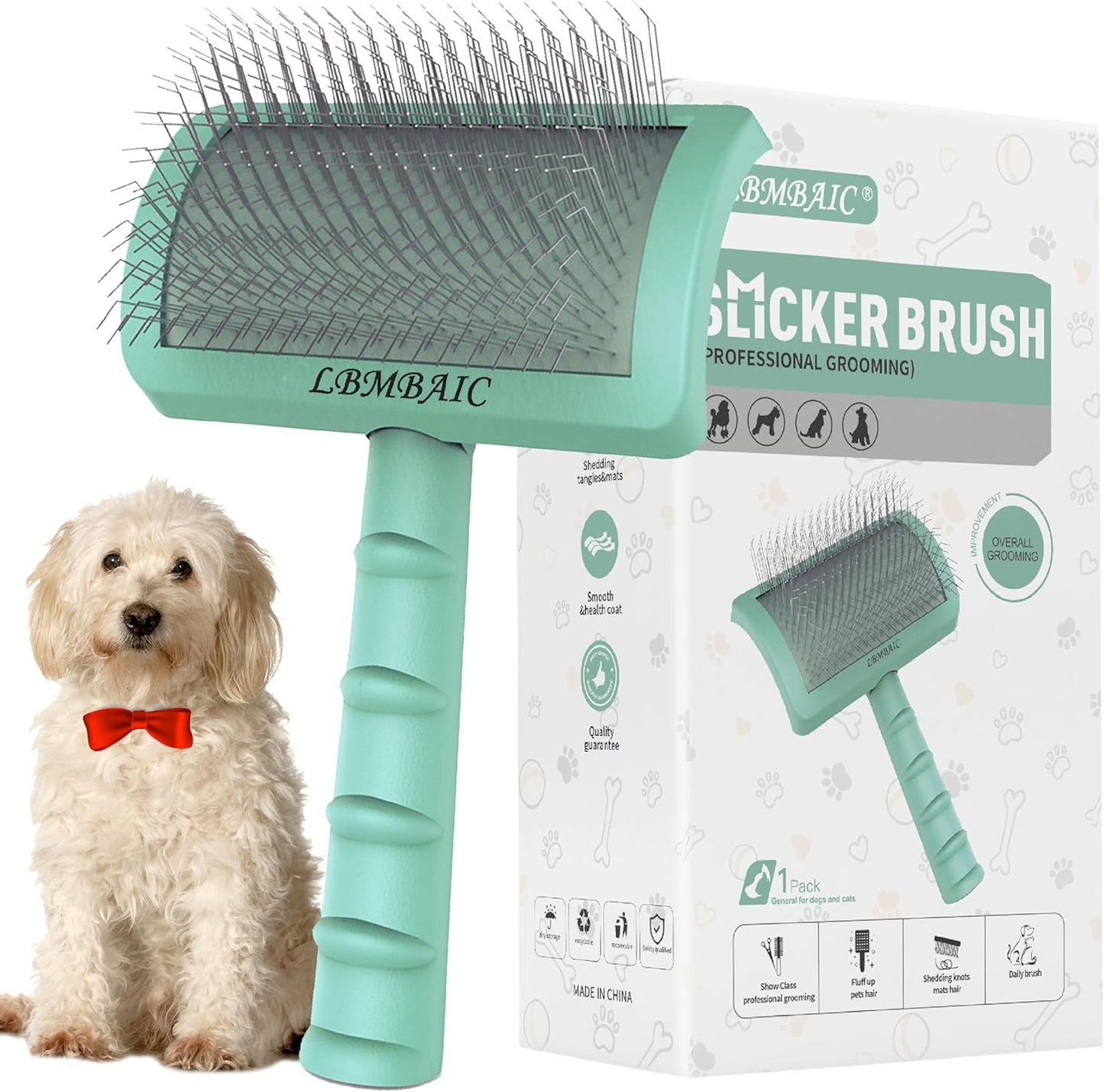 Slicker Brush for Poodles and Goldendoodles - Curved Brush for Thick, Fluffy, Shedding Fur on Dogs and Cats - Soft, Gentle Pins for Grooming (Blue)