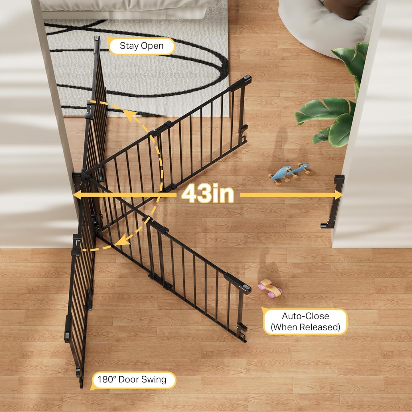 Cumbor 29.2–43" Baby Gate for Stairs, Hardware Mounted (Drill Required), Expandable No Bottom Bar Dog Gate, Auto Close Extra Wide Walk Thru, Pet & Toddler Proof Gate, Top & Bottom of Stairways(Black)