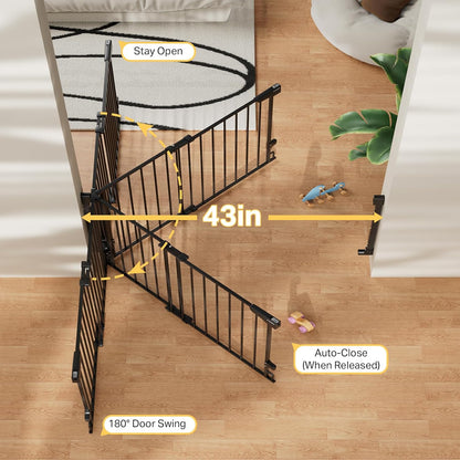 Cumbor 29.2–43" Baby Gate for Stairs, Hardware Mounted (Drill Required), Expandable No Bottom Bar Dog Gate, Auto Close Extra Wide Walk Thru, Pet & Toddler Proof Gate, Top & Bottom of Stairways(Black)