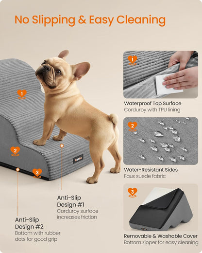 Feandrea 3-Step Dog Stairs, Dog Steps for Bed, Sofa, Waterproof Pet Stairs with Anti-Slip Designs, Gentle Slope, Removable Washable Cover, Handle, Dove Gray UPPS003G01