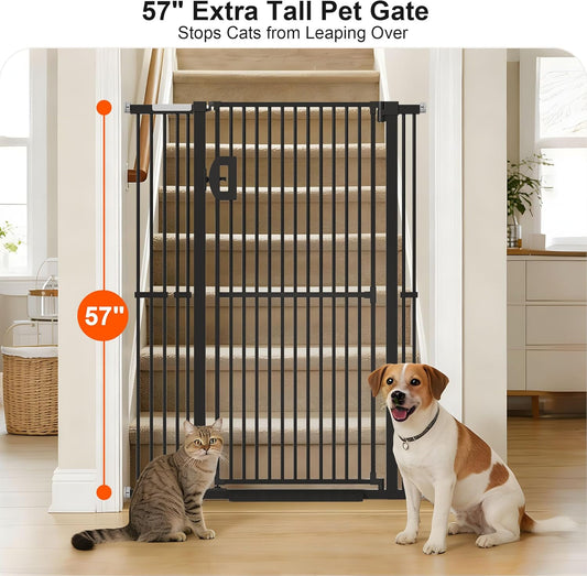 Jekriuet 57" Extra Tall Pet Gate, Auto Close Dog Door Pressure Mounted No Drilling for Doorways, Hallways, Stairs, Expandable 27.5"-38.5" Wide, Narrow 1.18" Spacing for Small Dogs & Puppies, Black