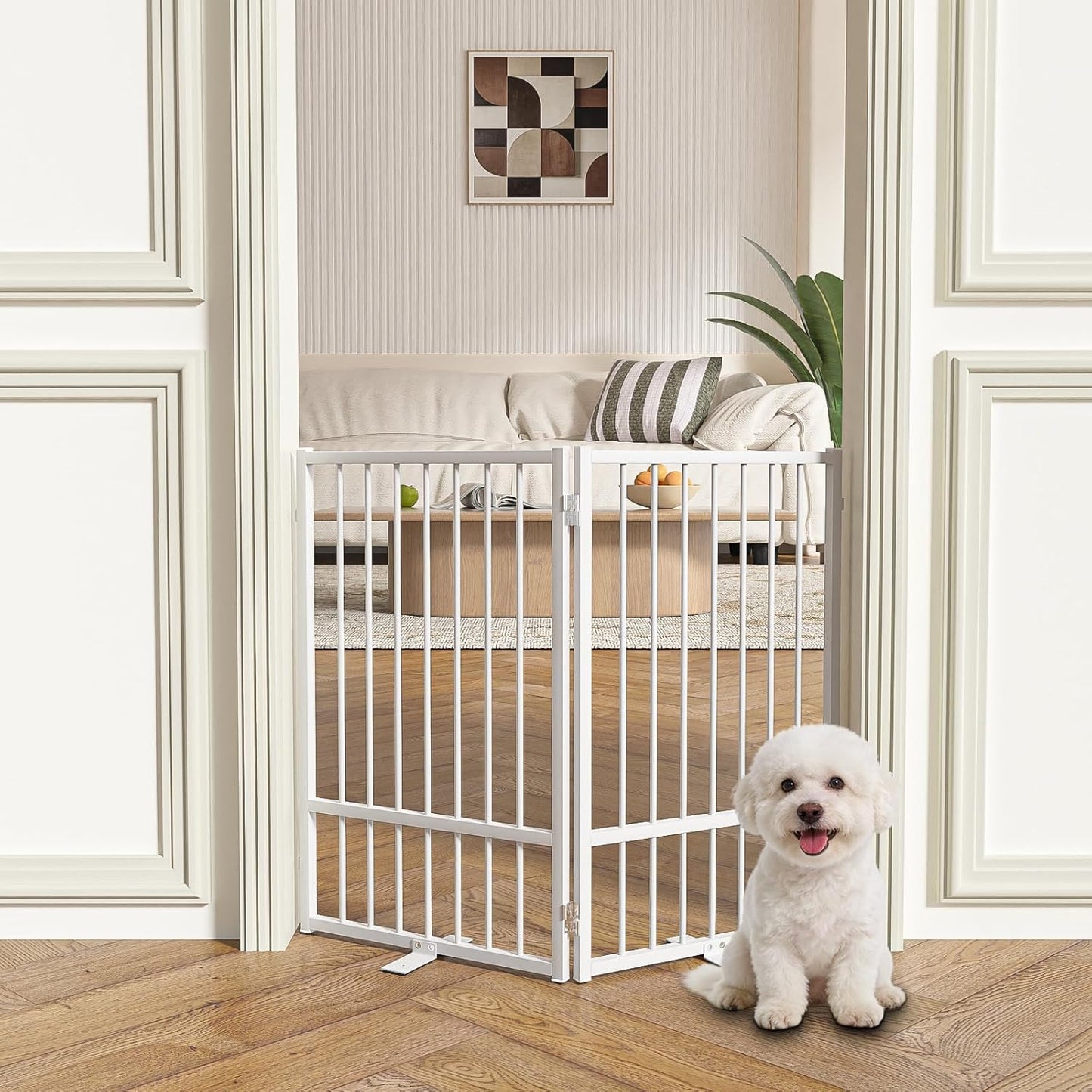 SNUOWU Full Metal Freestanding Dog Gate with Door, 32''Height Foldable Pet Dog Fence for Indoor & Outdoor, 4 Panels Extra Wide Free Standing TallDog Gates for Doorways,House,Stairs,Porch,Deck,Yard
