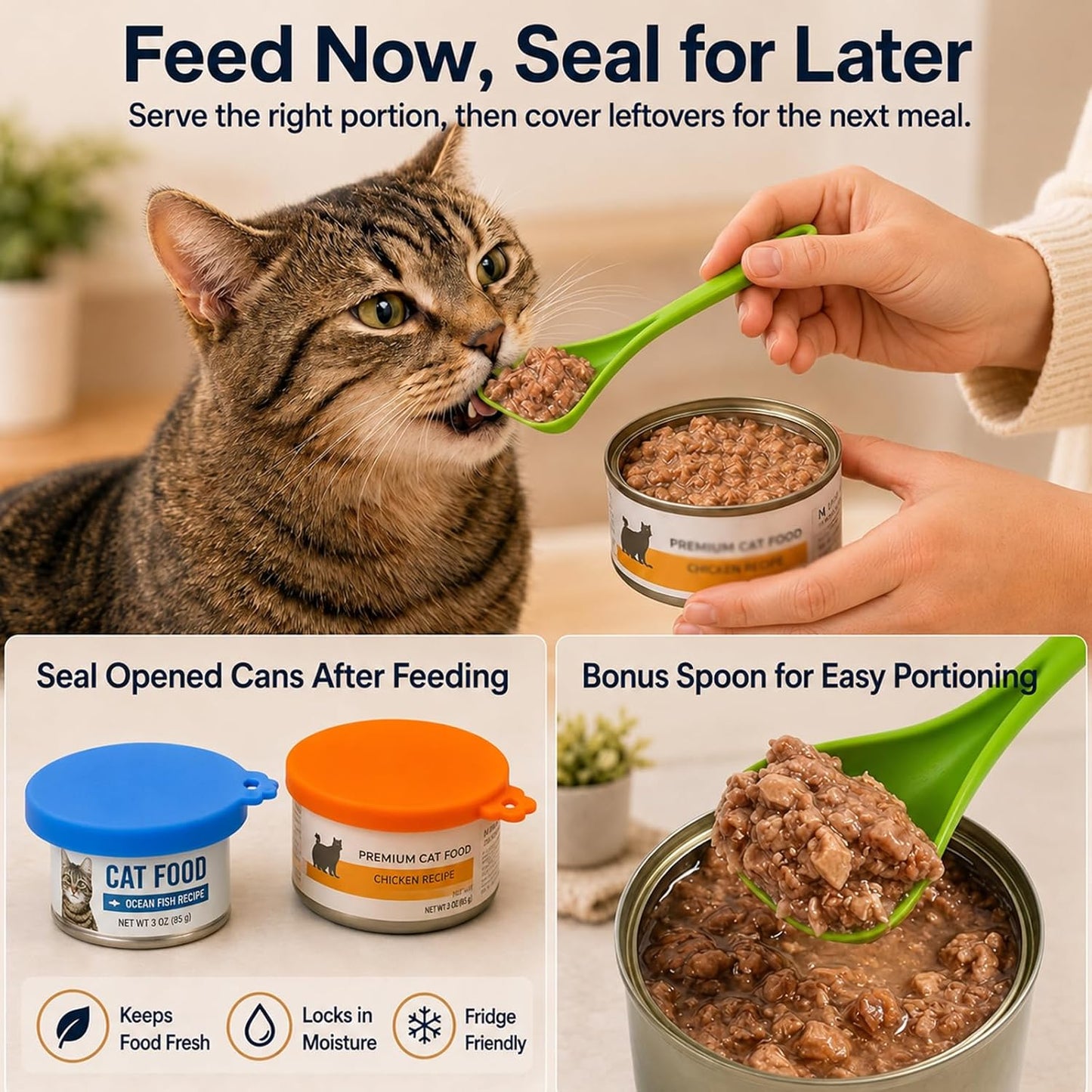 Lydia’s Deal Pet Food Can Covers 2-Pack, Thick Silicone Universal Can Lids for Dog & Cat Food, Fits 3oz/5.5oz/12oz, Airtight Seal, Durable & Dishwasher Safe, Easy Grip with Spoon (Blue & Orange)