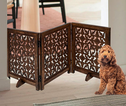 Freestanding Pet Gate for Dogs, Foldable Wooden Dog Gate for House, Indoor Dog Gate for Stair, Doorway, House Design Gates for Dogs Indoor, 72 Inch Wide, (18" x4 Panels 72 inch), Burnt Finish