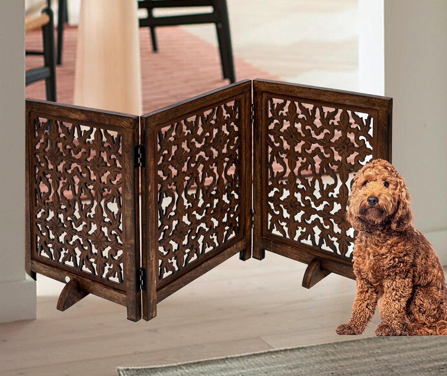 Freestanding Pet Gate for Dogs, Foldable Wooden Dog Gate for House, Indoor Dog Gate for Stair, Doorway, House Design Gates for Dogs Indoor, 72 Inch Wide, (18" x4 Panels 72 inch), Burnt Finish