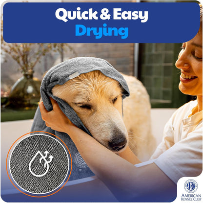 AKC - Dual-Sided Dog Grooming Glove with Silicone Bristles | Quick-Dry Towel | 2-in-1 Pet Grooming Tool for Bathing, Brushing, Shedding, Massaging & Coat Care for Small Medium & Large Dogs